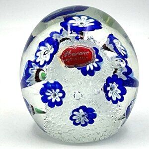 Murano Italy Studio Art Glass Blue Millefiori Egg-Shaped Paperweight Apx. 3-1/4”